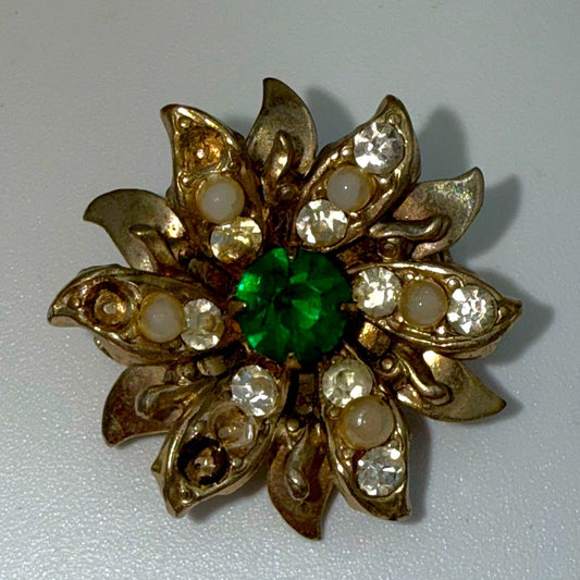 Elegant Vintage Gold-Tone Floral Brooch With Green & Clear Sparkling CZ Accents