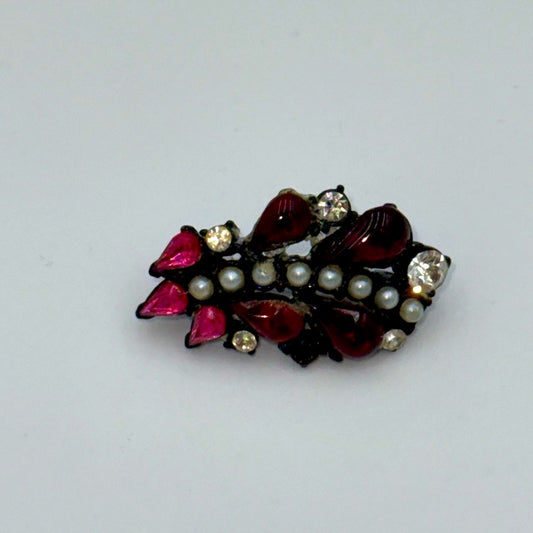 Vintage Elegant Red and Black Women's Brooch With Sparkling CZ Crystals