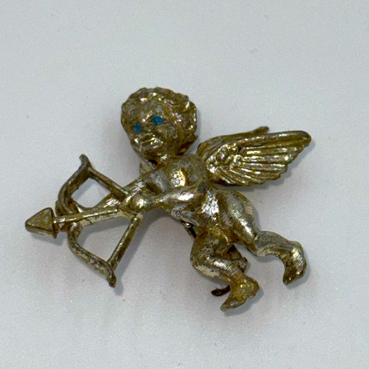 Vintage Silver Cupid With Arrow Cherub Brooch With Blue Crystal CZ Eyes