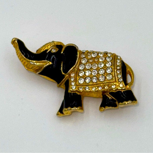 Vintage Gold and Black Elephant Brooch with CZ Rhinestones