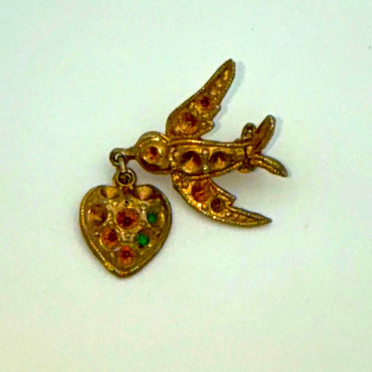 Vintage Gold-Tone Bird and Heart Brooch With Multicolor CZs