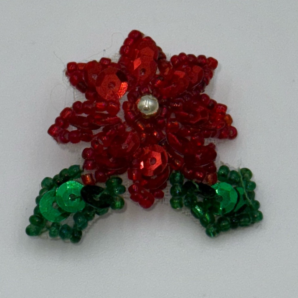 Festive Vintage Red and Green Sequin Poinsettia Brooch
