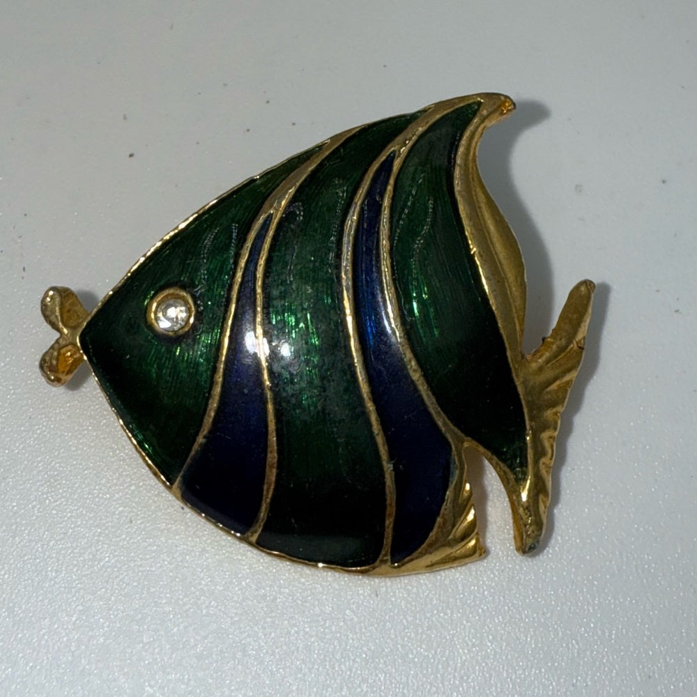 Vintage Gold-Tone Fish Brooch With Blue and Green Enamel Accents & CZ Eye