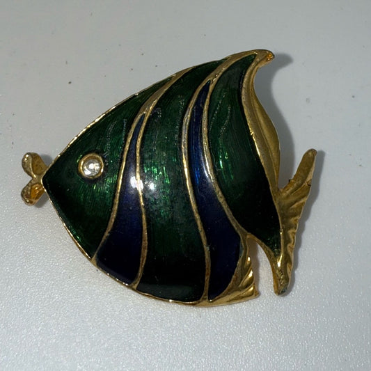 Vintage Gold-Tone Fish Brooch With Blue and Green Enamel Accents & CZ Eye