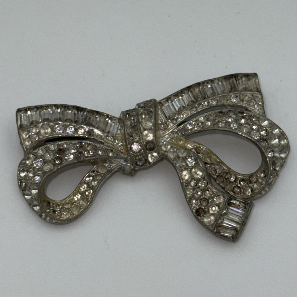 Vintage Silver Bow Brooch With CZ Crystals