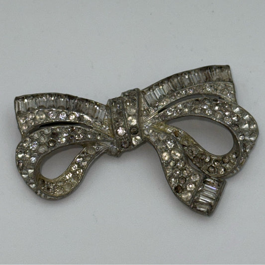 Vintage Silver Bow Brooch With CZ Crystals