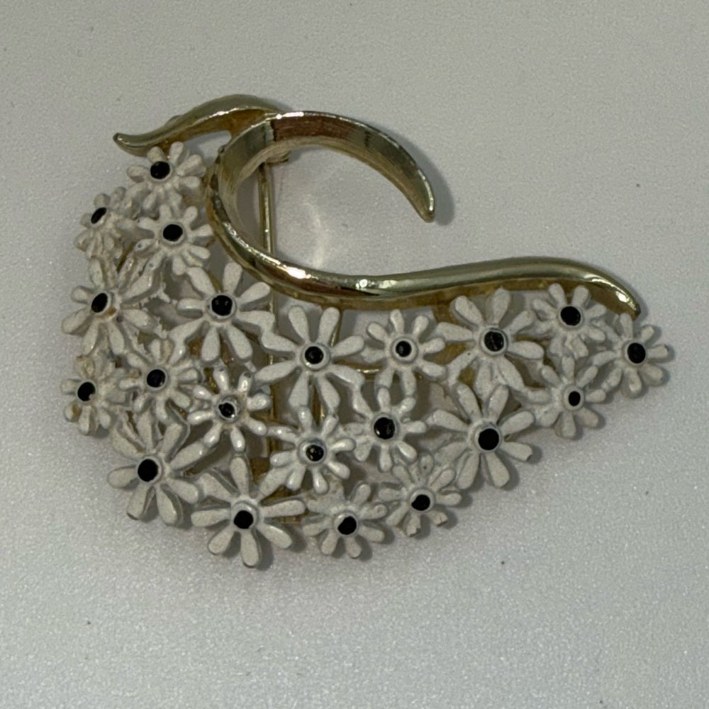 Vintage Gold-Tone and White Floral Brooch With CZ Crystal Accents