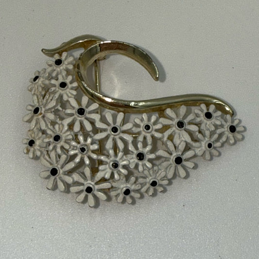 Vintage Gold-Tone and White Floral Brooch With CZ Crystal Accents