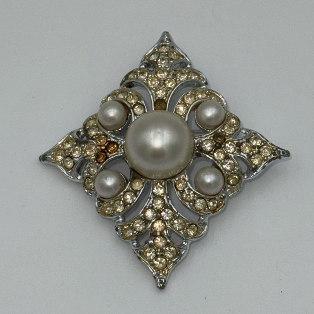 Vintage Silver-Tone Brooch With CZ Crystals and Faux Pearls by Sarah Coventry