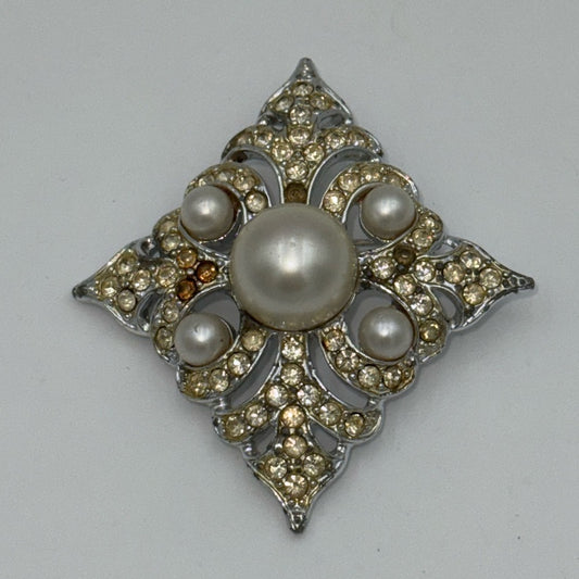 Vintage Silver-Tone Brooch With CZ Crystals and Faux Pearls by Sarah Coventry