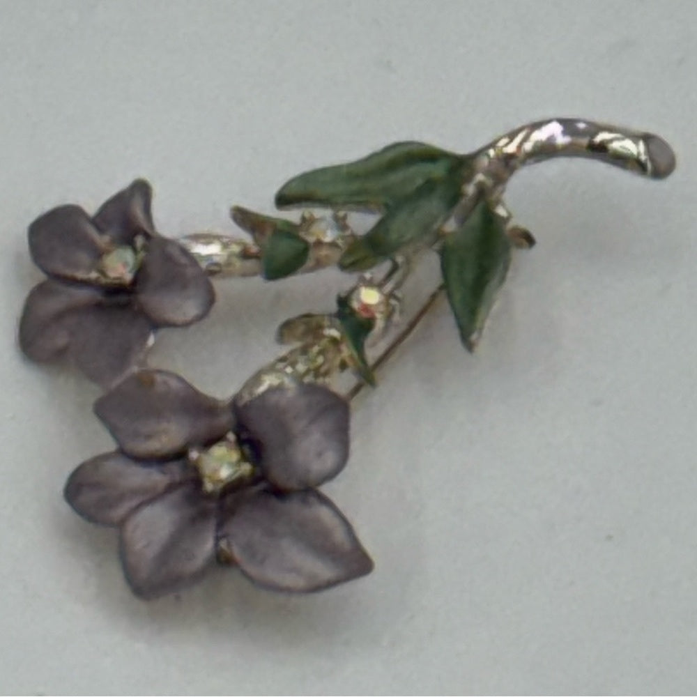 Vintage Silver-Tone Brooch With Lavender Flower and Green Leaves
