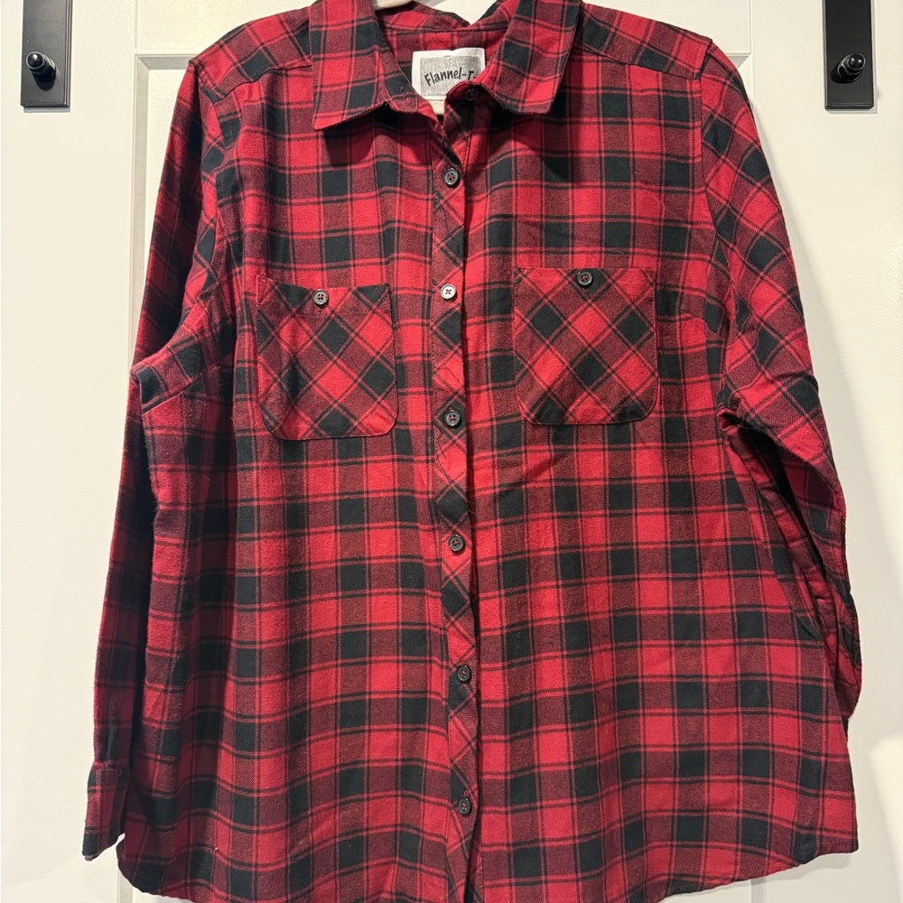 Red and Black Plaid Button-Up Christmas Tree Appliqué Back Shirt Women’s Sz 2X