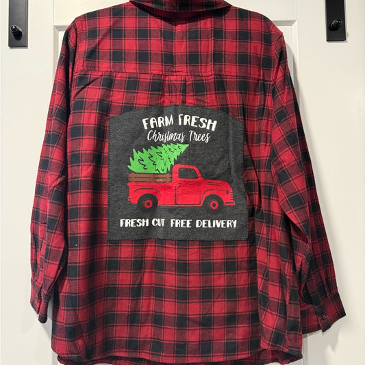 Red and Black Plaid Button-Up Christmas Tree Appliqué Back Shirt Women’s Sz 2X