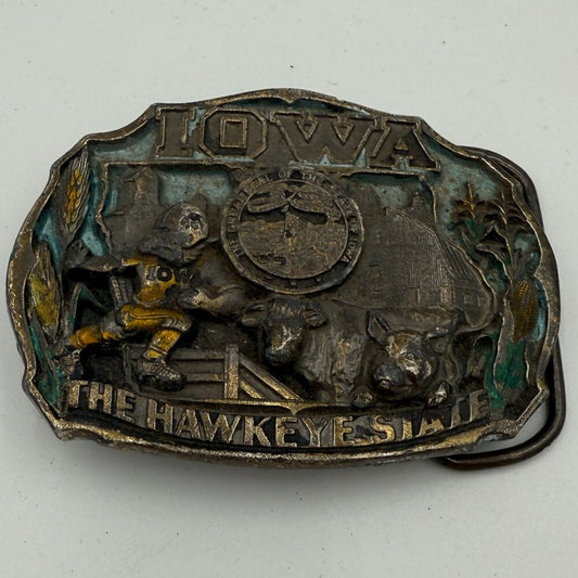 1986 Vintage Iowa Hawkeye State Brass Belt Buckle