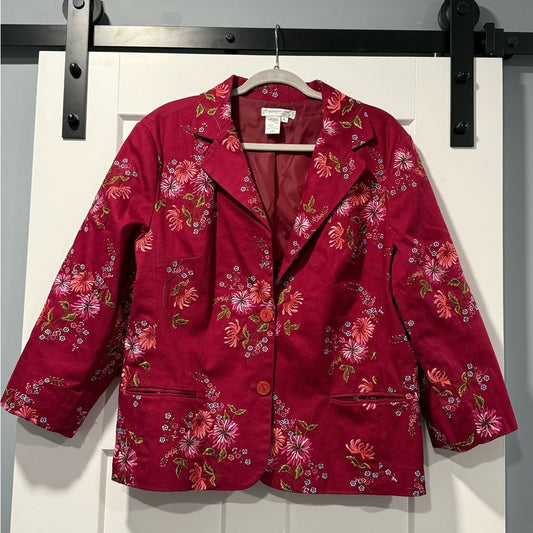 Vintage Coldwater Creek Dark Pink Floral Embroidered Blazer Ladies Size XL
