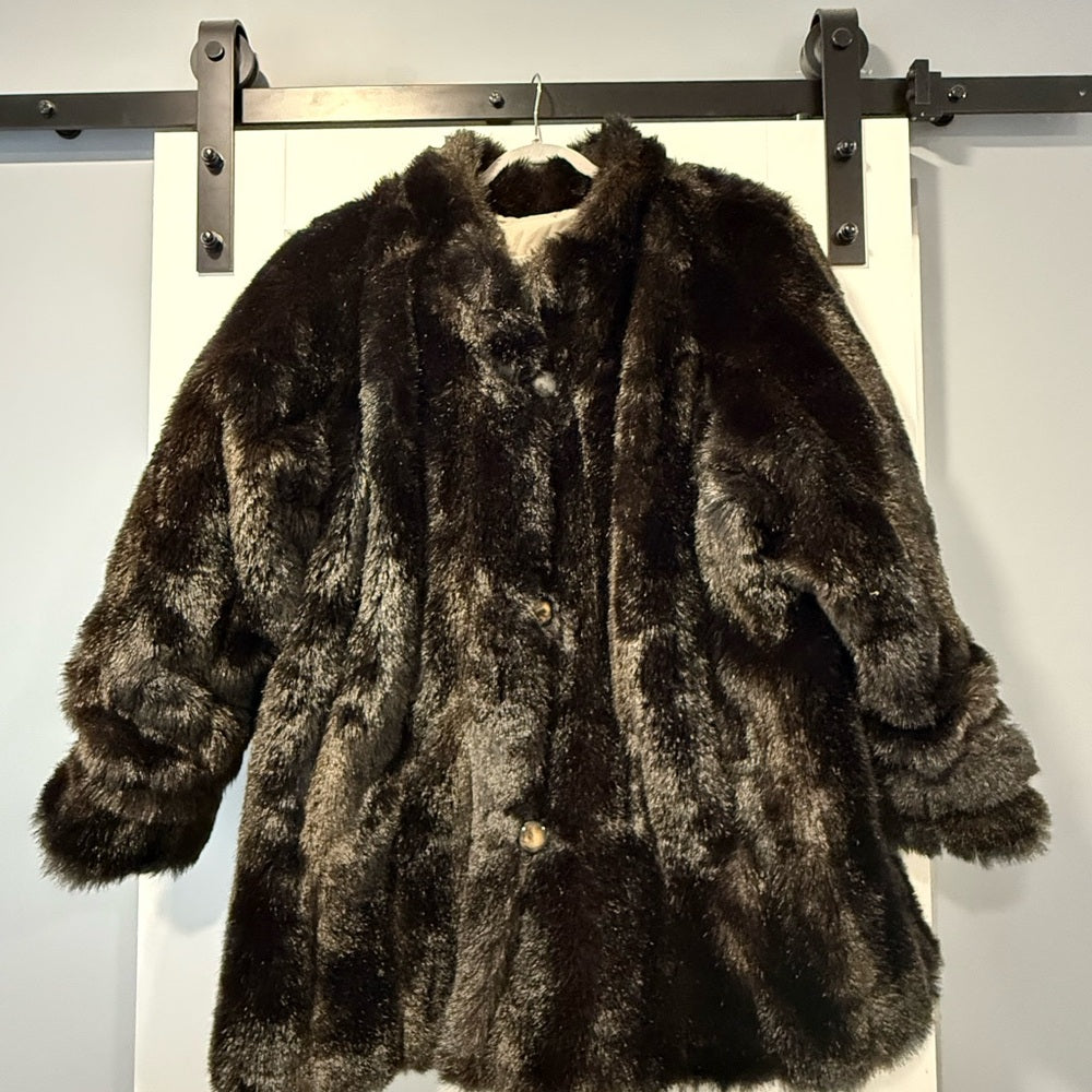 Vintage Reversible Luxurious Brown Faux Fur Coat w/ All-Weather Inside Sz 18