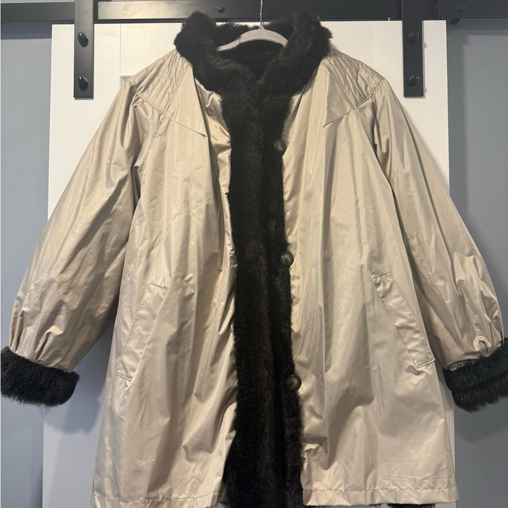 Vintage Reversible Luxurious Brown Faux Fur Coat w/ All-Weather Inside Sz 18