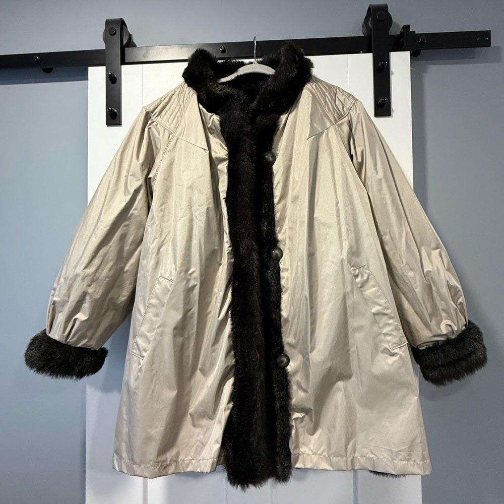 Vintage Reversible Luxurious Brown Faux Fur Coat w/ All-Weather Inside Sz 18