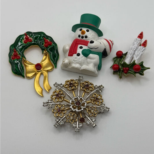 Festive Vintage Holiday Brooch Bundle of 4 - Snowman, Wreath, Candle, Snowflake