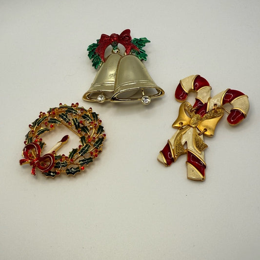 Festive Vintage Holiday Brooch Bundle of 3 - Wreath, Bells, Candy Canes
