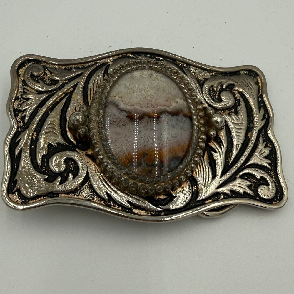 Vintage Silver Polished Stone Belt Buckle