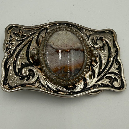 Vintage Silver Polished Stone Belt Buckle
