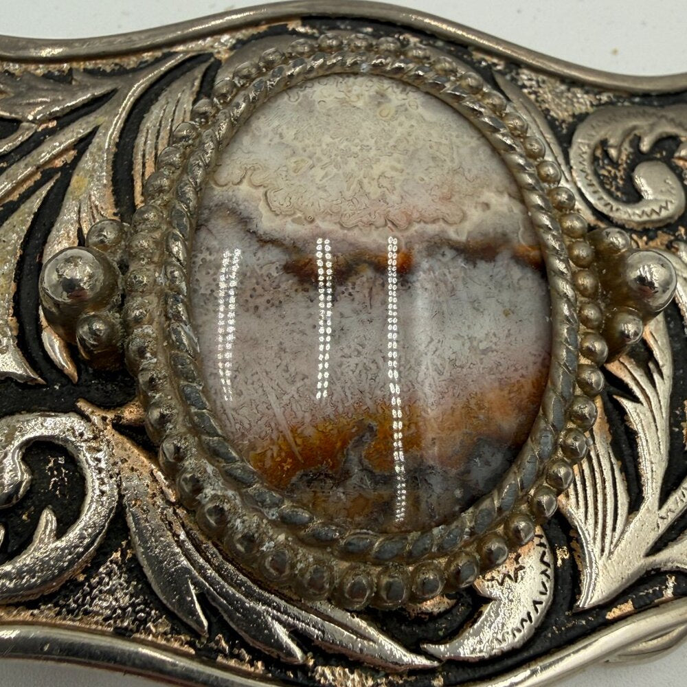 Vintage Silver Polished Stone Belt Buckle