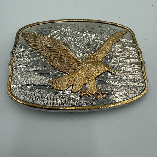 Vintage Silver Belt Buckle with Golden Eagle