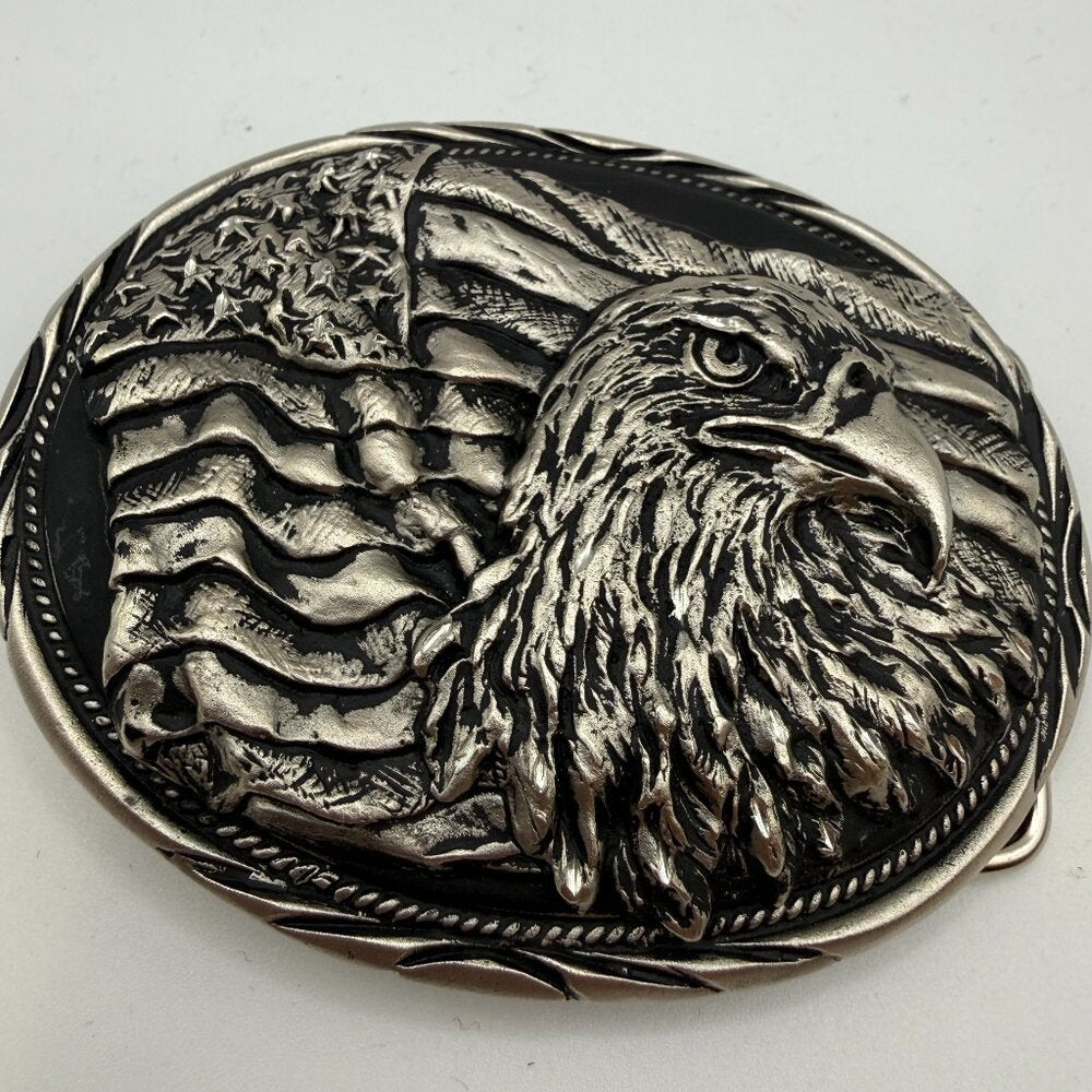 Vintage Silver & Black American Flag w/ Eagle Belt Buckle