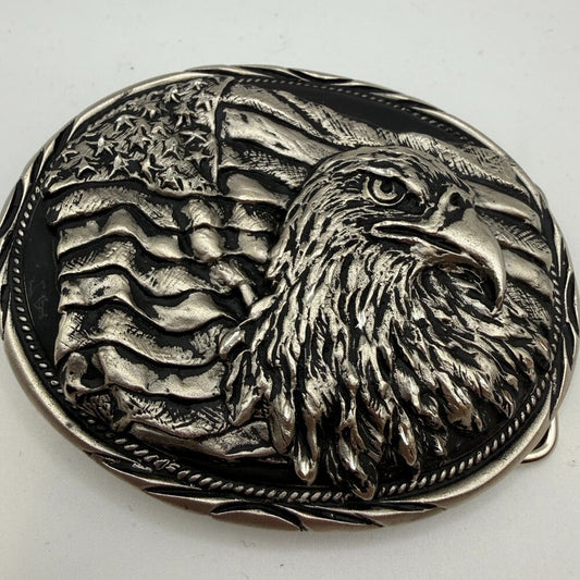 Vintage Silver & Black American Flag w/ Eagle Belt Buckle