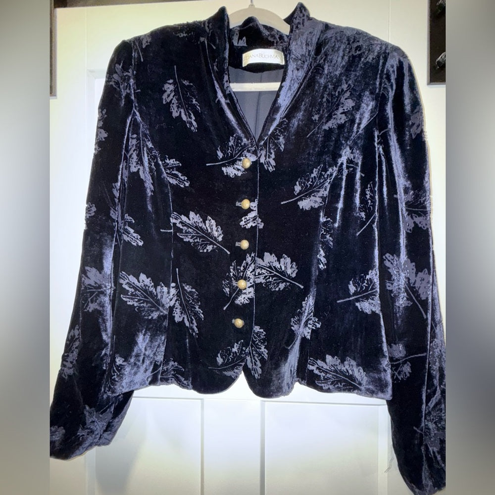 Elegant Navy Blue Velvet Jacket With Floral Pattern by Dana Buchman Ladies Sz 12