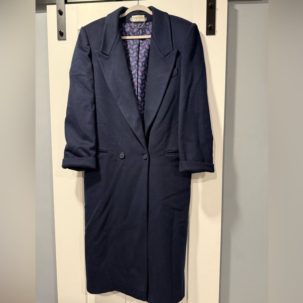 Vintage Ashley Scott Navy Blue Wool Trench Coat Ladies Size 15/16