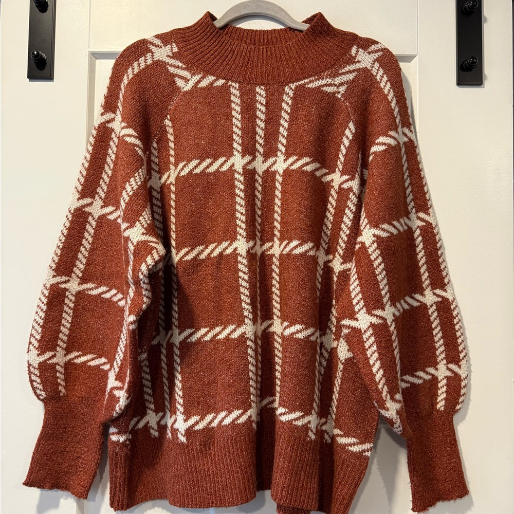 Maurices Rust and White Plaid Mock Turtleneck Sweater Ladies Size 1X
