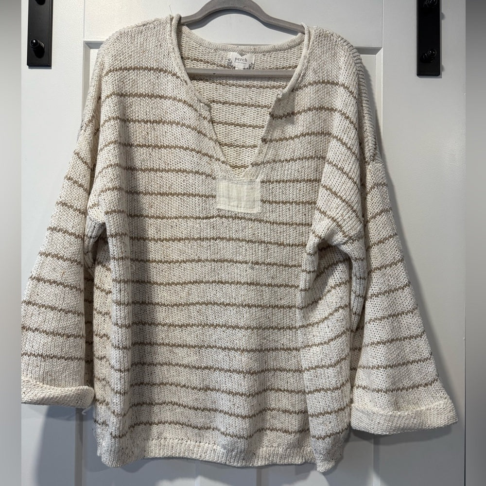 Stylish V-Neck Loose-Knit Sweater in Cream and Beige by Perch Women’s 2X