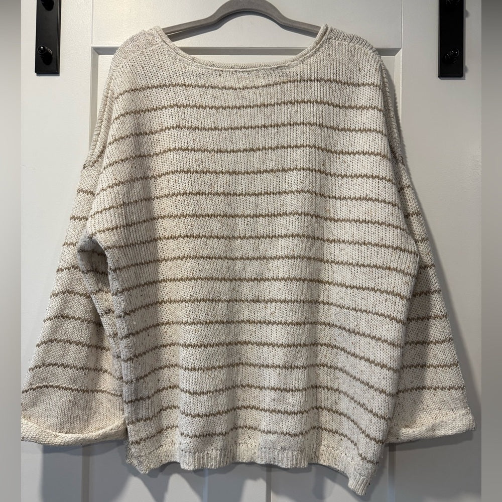 Stylish V-Neck Loose-Knit Sweater in Cream and Beige by Perch Women’s 2X