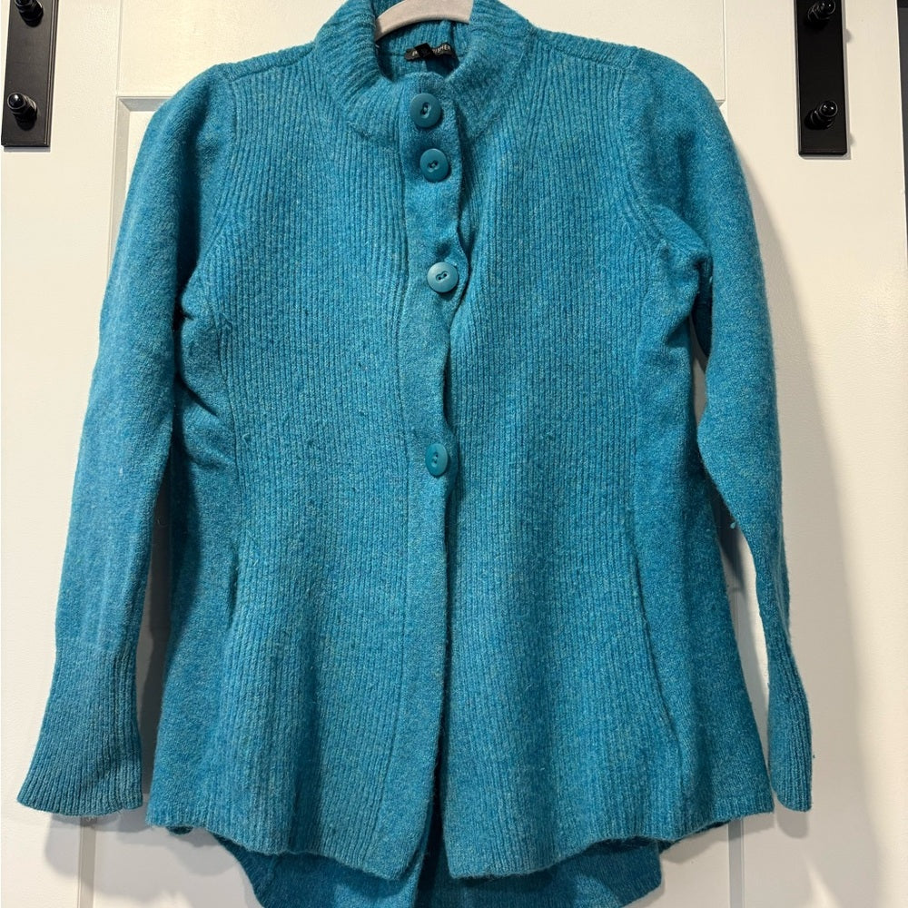 Vintage Eileen Fisher Teal Button-Up Cashmere Jacket Sweater Ladies Size Large