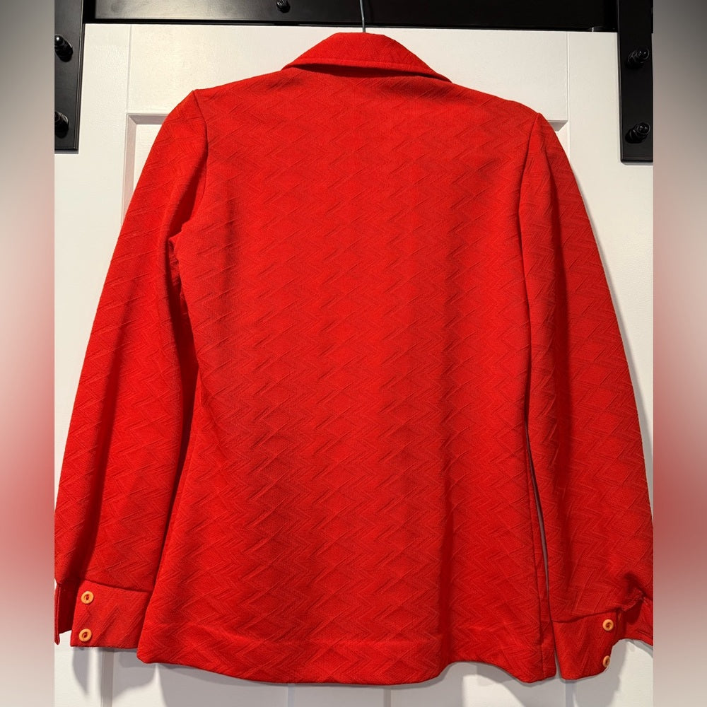 Vintage Red-Orange Button-Up Polyester Collared Shirt Ladies Sz 10