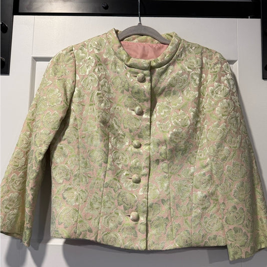 Vintage Pink and Green Floral Brocade Jacket by Harzfeld’s Ladies Sz Small