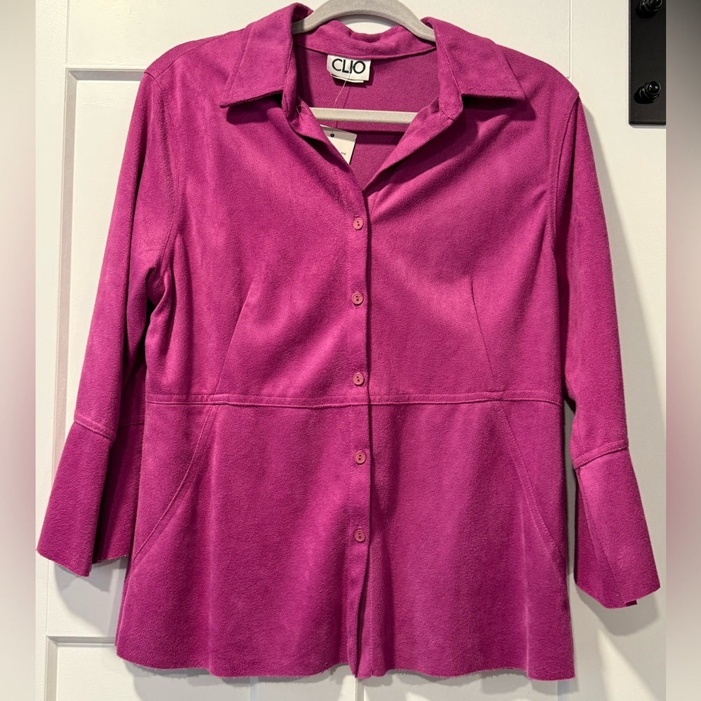 Vintage NWT Clio Women's Fuchsia Button-Down Sueded Shirt Sz Large