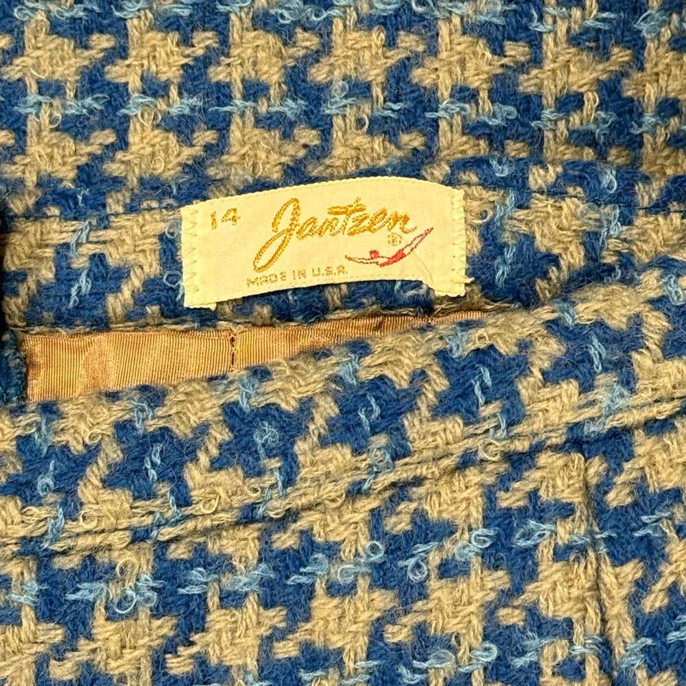Vintage Jantzen Wool Midi Skirt in Blue and Gray Houndstooth Ladies Size 14