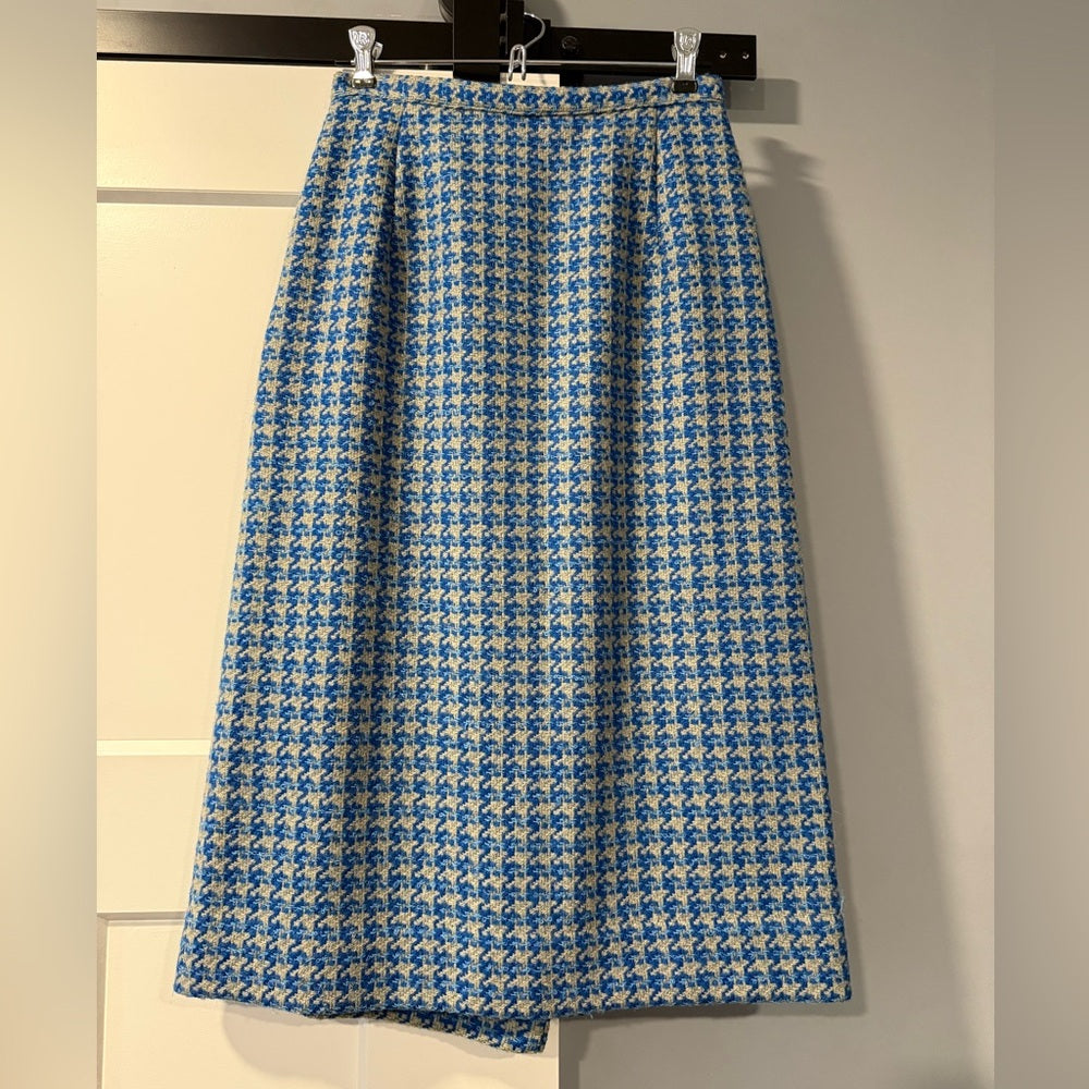 Vintage Jantzen Wool Midi Skirt in Blue and Gray Houndstooth Ladies Size 14