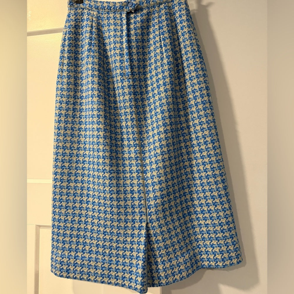 Vintage Jantzen Wool Midi Skirt in Blue and Gray Houndstooth Ladies Size 14