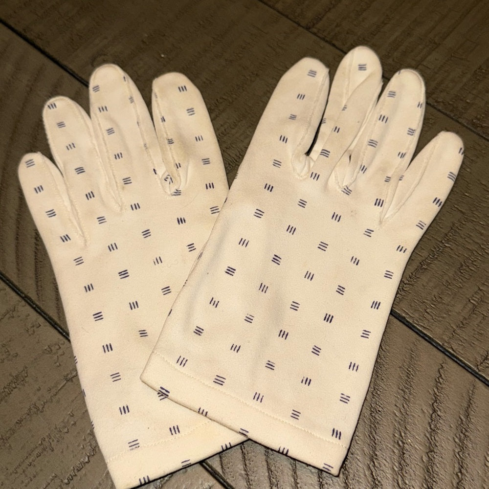 Vintage White Fabric Ladies Dress Gloves With Blue Lines Pattern