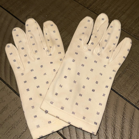 Vintage White Fabric Ladies Dress Gloves With Blue Lines Pattern