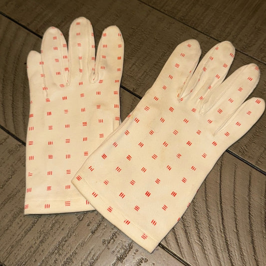 Vintage White and Red Ladies Fabric Patterned Dress Gloves