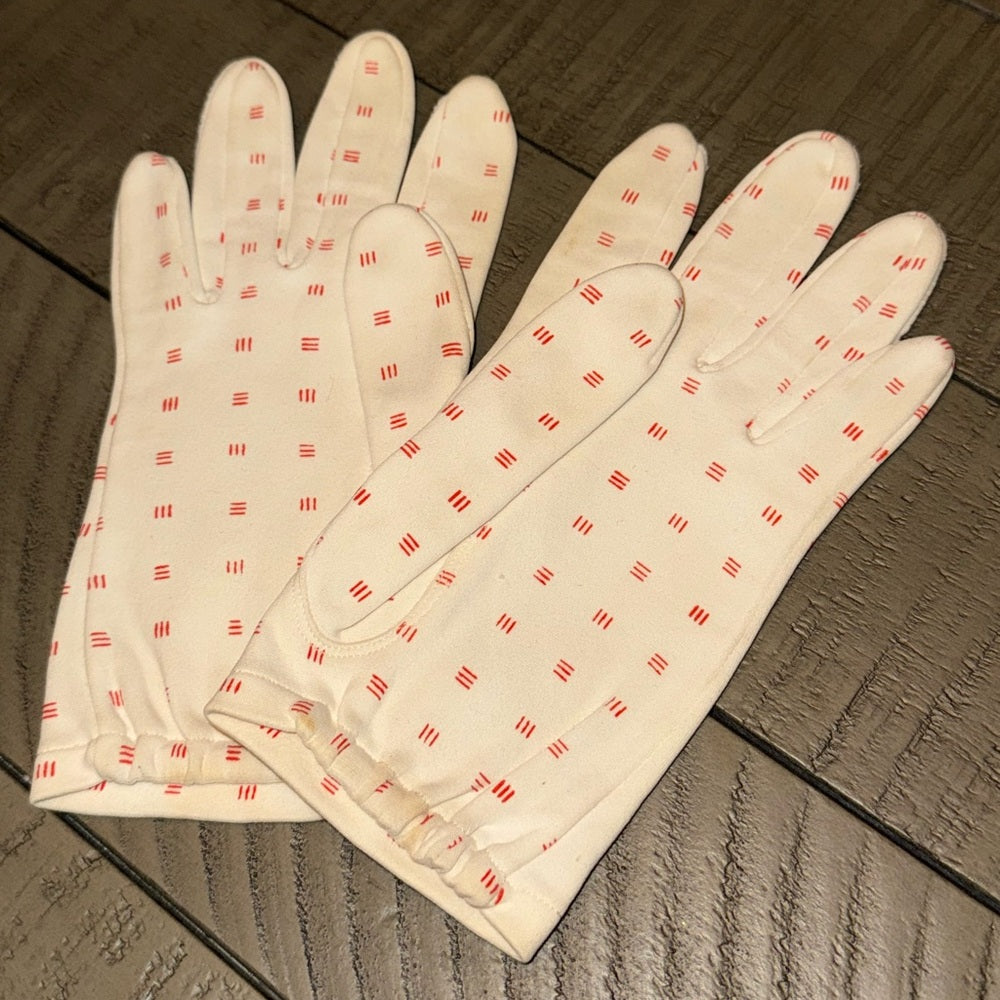 Vintage White and Red Ladies Fabric Patterned Dress Gloves
