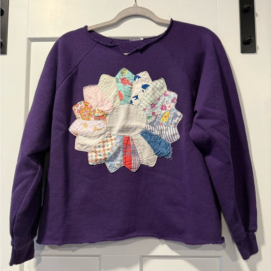 Vintage Purple Quilted Patchwork Flower Sweatshirt Ladies Size Large