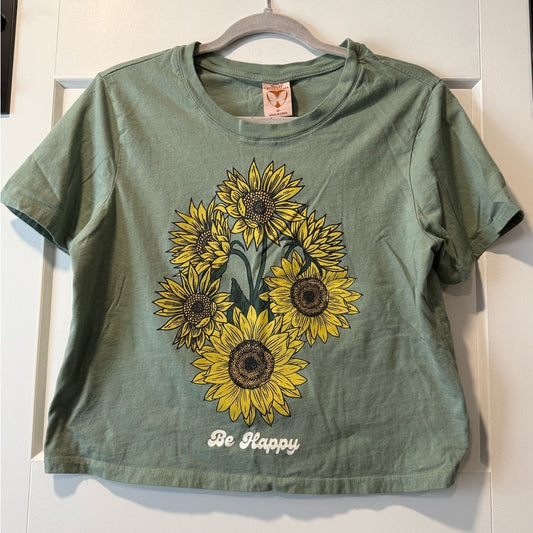 Green Sunflower Cropped Be Happy T-Shirt Ladies Size Medium