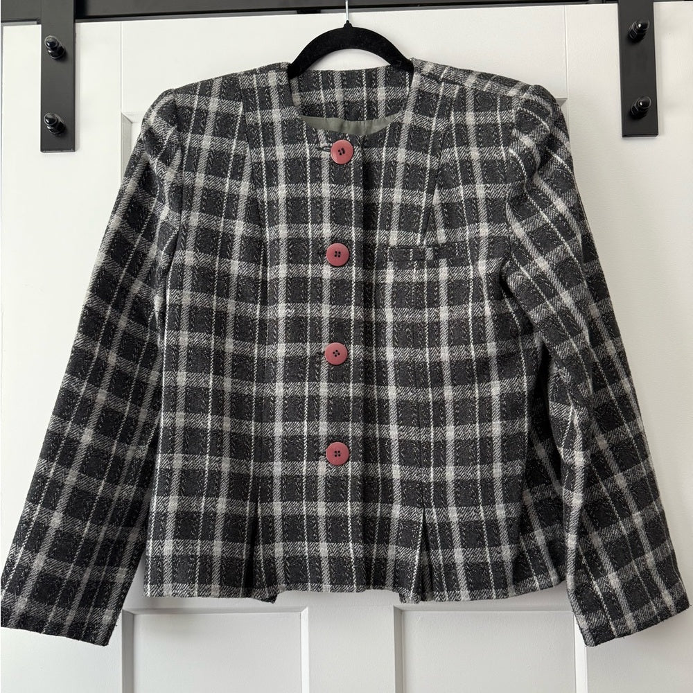 Vintage Bagatelle Black and Gray Plaid Wool Blazer With Pink Buttons Size 10