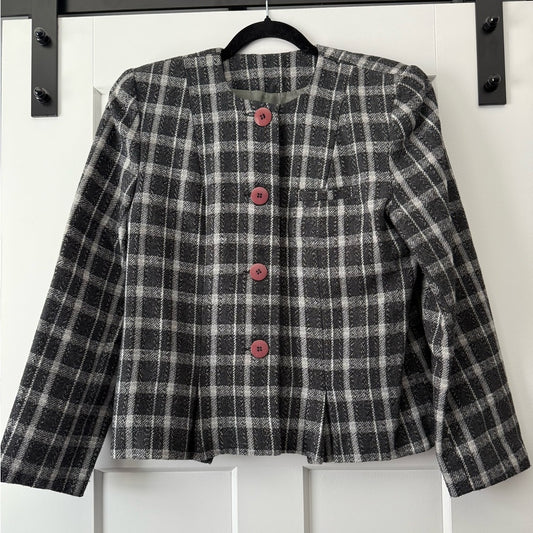 Vintage Bagatelle Black and Gray Plaid Wool Blazer With Pink Buttons Size 10
